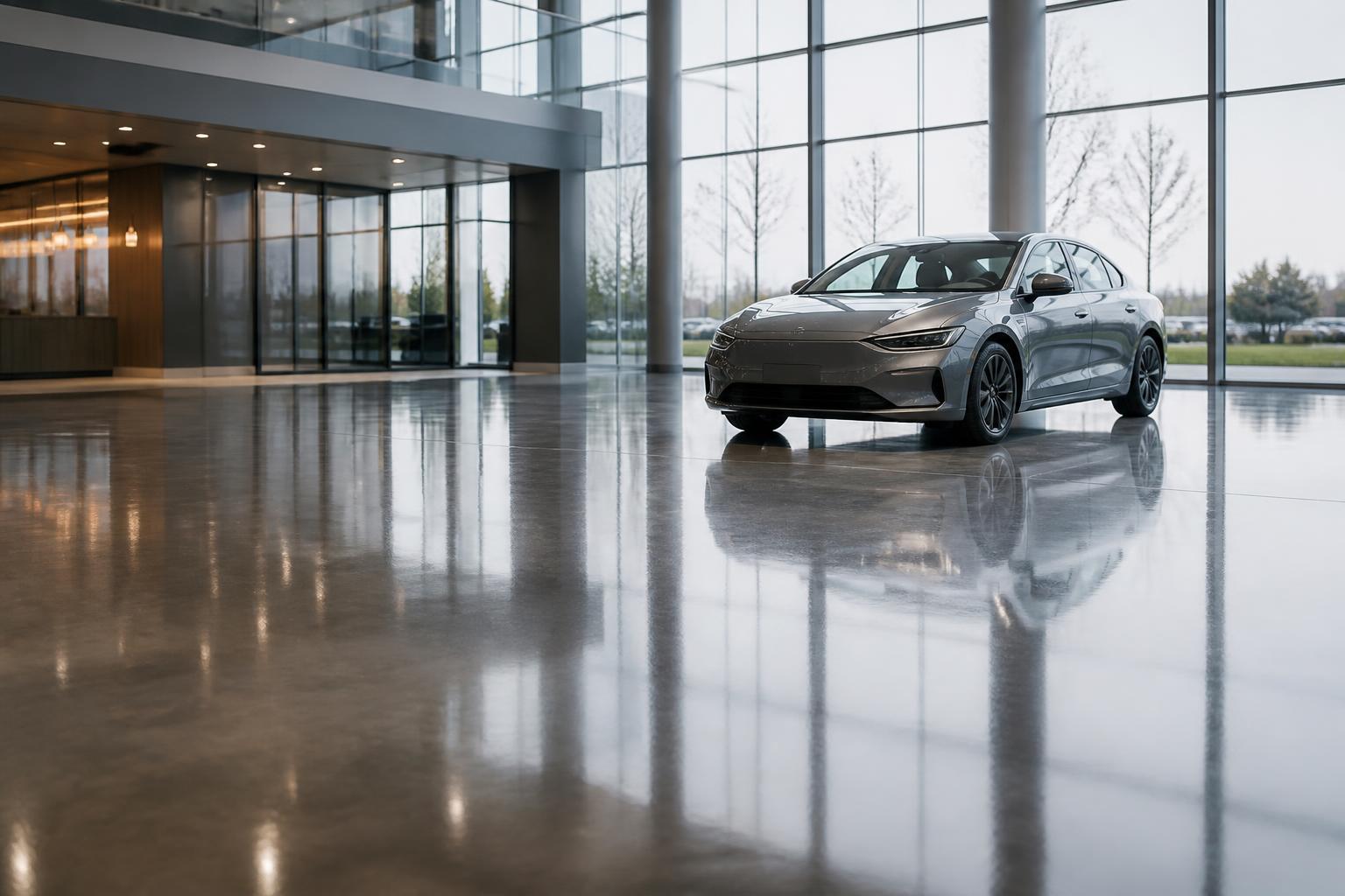 High-gloss polished concrete floor in a car dealership showroom