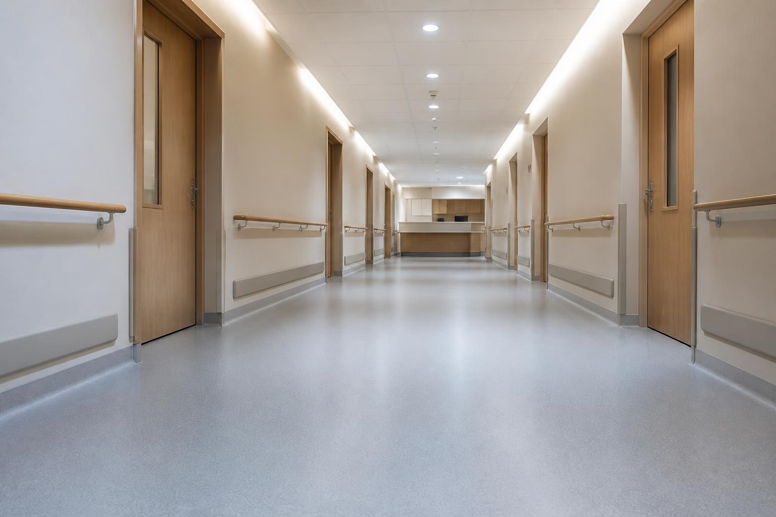 Seamless resinous flooring in an empty hospital corridor with wall handrails