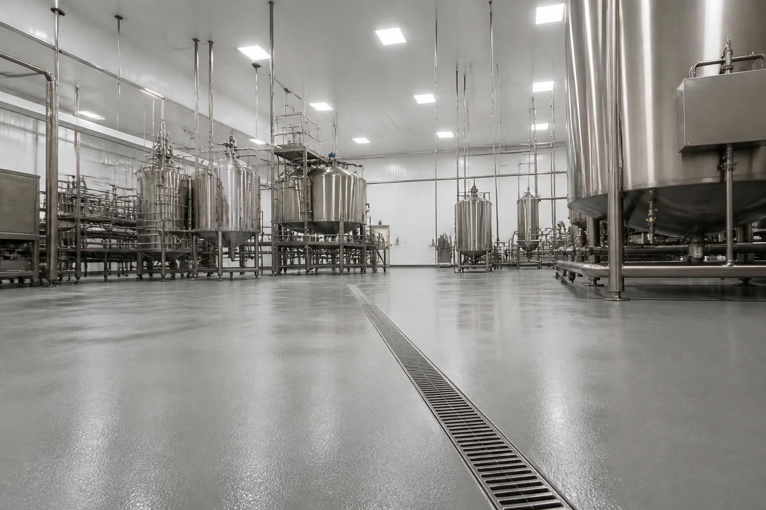 Urethane cement floor sloped to a stainless trench drain in a food processing plant