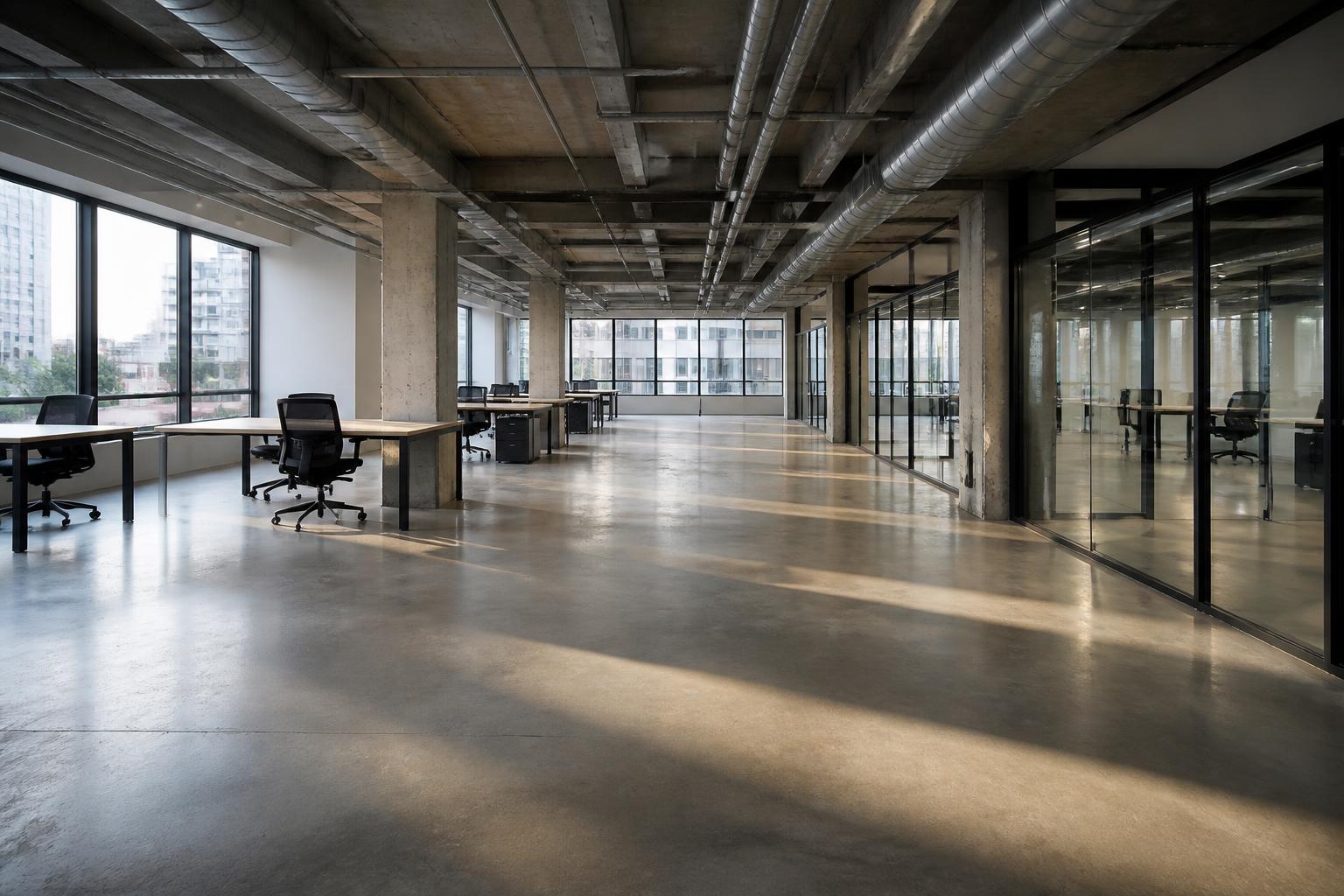 Polished concrete floor in an open-plan office with exposed ductwork overhead