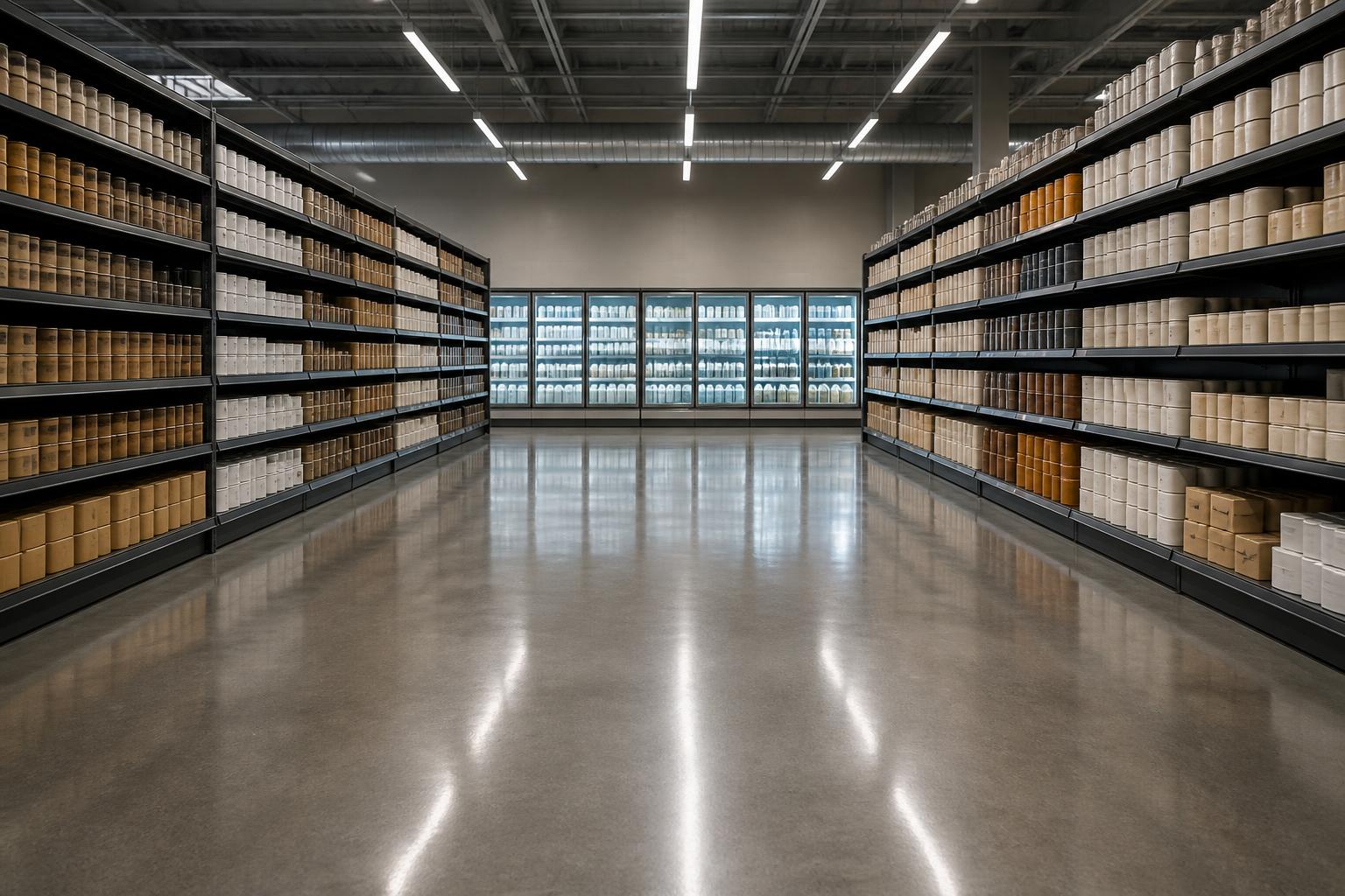 Polished concrete floor along the main aisle of an empty retail store