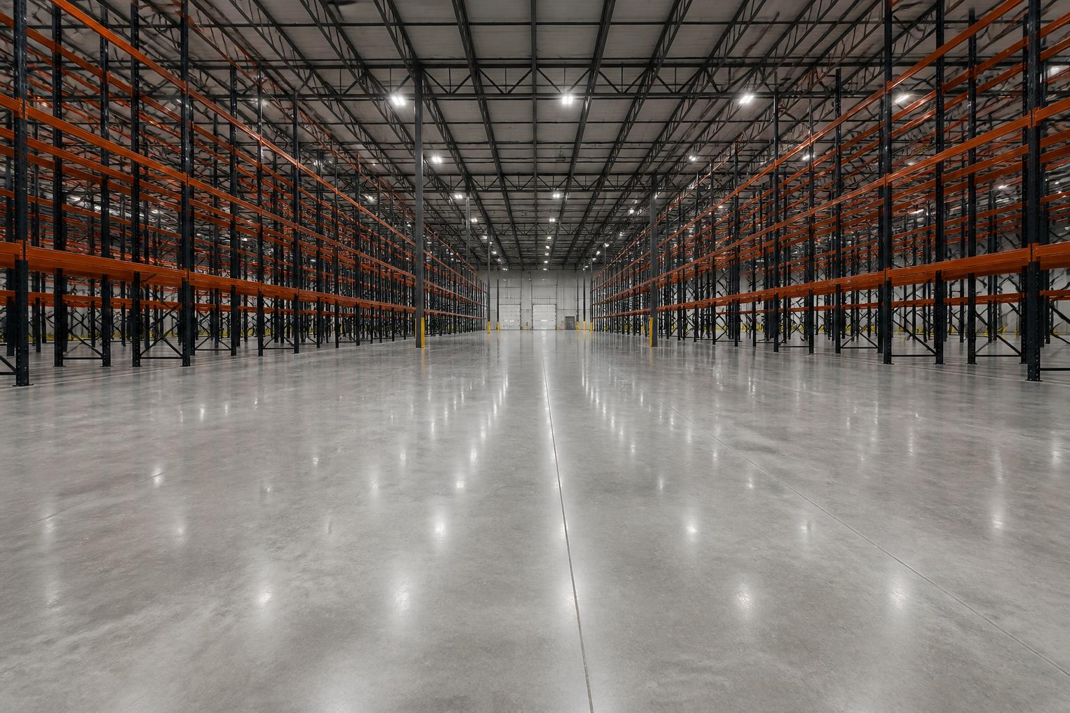 Polished concrete floor in a distribution center with steel pallet racking